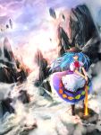 1girl blue_hair boots canyon hat highres hinanawi_tenshi long_hair long_skirt red_eyes skirt solo sword_of_hisou touhou untsue wind