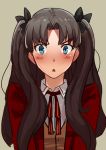  1girl :&lt; blue_eyes blush bow brown_hair bust fate/stay_night fate_(series) hair_bow long_hair looking_at_viewer nanaya_(daaijianglin) sketch solo tohsaka_rin toosaka_rin two_side_up 