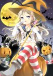  &gt;_&lt; 1girl absurdres bat blonde_hair blue_eyes elbow_gloves full_moon gloves halloween hat hayasit highres kantai_collection long_hair miniskirt moon navel pumpkin rensouhou-chan sailor_collar shimakaze_(kantai_collection) silhouette sitting skirt smile solo staff striped striped_legwear thigh-highs translation_request witch_hat yellow_moon 