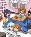  4girls akatsuki_(kantai_collection) blue_eyes blue_hair box brown_eyes brown_hair cardboard_box controller cup doll error failure_penguin fang food fruit game_controller hair_ornament hairclip hibiki_(kantai_collection) ikazuchi_(kantai_collection) inazuma_(kantai_collection) kantai_collection kotatsu long_hair multiple_girls neckerchief open_mouth orange school_uniform serafuku short_hair silver_hair smile super_famicom table tachibana_yamato_(tathibana) teacup teapot 