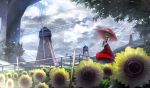 1girl boots bridge clouds cloudy_sky fence field flower flower_field green_hair highres kazami_yuuka long_sleeves looking_at_viewer outdoors parasol plaid plaid_skirt plaid_vest red_eyes ryosios short_hair skirt sky solo sunflower touhou tree umbrella windmill 