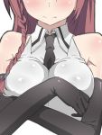  1girl asami_lilith bare_shoulders between_breasts black_gloves blush braid breasts bust close-up elbow_gloves gloves head_out_of_frame highres long_hair necktie necktie_between_breasts redhead solo trinity_seven uguisu_(happy_turn) 