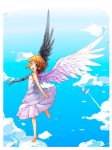  1girl :d angel angel_wings asymmetrical_wings barefoot blonde_hair blue_eyes borrowed_character cassie_(acerailgun) clouds cloudy_sky cyborg dress feathered_wings feathers flying full_body fuyuki_yuki looking_at_viewer mechanical_arm mechanical_wings open_mouth original sky smile solo white_border wings 