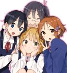  4girls :d asagiri_shiori bangs black_hair blonde_hair blue_eyes blush_stickers brown_eyes brown_hair cardigan closed_eyes covering_mouth dot_nose girl_sandwich glasses green_eyes hair_ornament hair_stick hand_on_another&#039;s_shoulder hand_over_own_mouth hands_on_own_cheeks hands_on_own_face kitashirakawa_tamako long_hair long_sleeves looking_at_viewer low_twintails makino_kanna momose_(oqo) multiple_girls open_mouth outline sandwiched school_uniform short_hair side_ponytail simple_background sleeves_past_wrists smile tamako_market tokiwa_midori twintails v white_background 