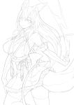  1girl bare_shoulders breasts elbow_gloves fox_tail gloves greyscale highres lineart long_hair monochrome ofuda ricci sketch smile solo tail thigh-highs 