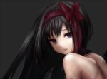  1girl akemi_homura bare_back black black_background black_hair budouya empty_eyes face hairband long_hair looking_at_viewer looking_back mahou_shoujo_madoka_magica parted_lips ribbon solo violet_eyes 