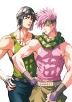  2boys aviator_hat black_hair caesar_anthonio_zeppeli facial_mark green_eyes headband jojo_no_kimyou_na_bouken joseph_joestar_(young) kurenai_karasu multiple_boys pink_eyes pink_hair scarf 