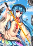  1girl blue_hair bow dress food fruit hanamaru-s hat hinanawi_tenshi keystone long_hair peach red_eyes rock sky smile solo sword_of_hisou touhou weapon 