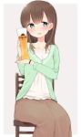  1girl alcohol beer blush brown_hair character_request glass green_eyes kantai_collection long_hair nekoume open_mouth skirt smile solo sweater 