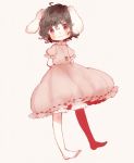  1girl animal_ears arms_behind_back barefoot black_hair carrot carrot_necklace dress inaba_tewi pink_background rabbit_ears red_eyes short_hair simple_background smile solo touhou yujup 