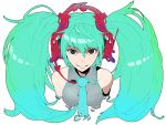  1girl breasts colored green_hair hatsune_miku headphones jaco long_hair looking_at_viewer simple_background smile solo twintails vocaloid white_background 