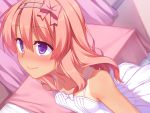  1girl bare_shoulders blush bow dress fang hair_bow hairband highres izumi_(racer) long_hair one-piece_tan original pink_hair racer_(magnet) small_breasts smile solo tan tanline violet_eyes white_dress 