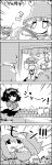  4girls 4koma aki_minoriko arms_up bowl bucket chopsticks closed_eyes comic flat_gaze food fruit grapes hat highres in_bucket in_container juliet_sleeves kirisame_marisa kisume long_sleeves mob_cap monochrome moriya_suwako multiple_girls puffy_sleeves rice tani_takeshi touhou translation_request twintails yasaka_kanako yukkuri_shiteitte_ne 