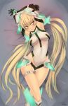  1girl 2015 angela_balzac blonde_hair blush clenched_teeth dated expelled_from_paradise green_eyes headgear highres legs leotard long_hair low_twintails sigama solo twintails twitter_username very_long_hair 