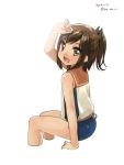  1girl :d arm_support brown_eyes brown_hair dated fang i-401_(kantai_collection) kantai_collection ko_ru_ri open_mouth ponytail sailor_collar school_swimsuit shading_eyes short_hair sitting smile solo swimsuit swimsuit_under_clothes twitter_username white_background 