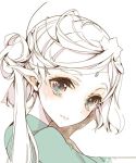  1girl blue_eyes blush bust character_request copyright_request elf endou_okito facial_mark forehead_mark hair_bun long_hair looking_at_viewer pale_skin pointy_ears simple_background sweat white_background white_hair white_skin 
