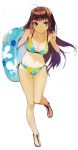  1girl absurdres ahoge aozaki_aoko bare_shoulders bikini blue_eyes breasts brown_hair full_body hair_intakes highres innertube large_breasts leg_up mahou_tsukai_no_yoru namaniku_atk navel one-piece_tan print_bikini sandals scan side-tie_bikini simple_background solo string_bikini swimsuit tan tanline thigh_gap white_background 