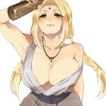  1girl blonde_hair bottle breasts brown_eyes cleavage facial_mark forehead_mark gemo_(maru0903) jewelry large_breasts long_hair looking_at_viewer naruto necklace off_shoulder shiny shiny_skin solo tsunade twintails white_background 