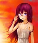  1girl aki99 bare_shoulders glasses highres long_hair original purple_hair solo sunset violet_eyes wind 
