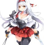  1girl arrow blouse boots bow_(weapon) breasts brown_eyes flight_deck hairband japanese_clothes kantai_collection long_hair muneate shoukaku_(kantai_collection) silver_hair skirt smile solo thigh-highs thigh_boots weapon white_hair yostxxx 