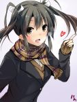  1girl black_hair blush breath bust fingerless_gloves gloves heart jpeg_artifacts kantai_collection looking_at_viewer nironiro plaid plaid_scarf pointing scarf school_uniform short_hair sketch solo twintails yellow_eyes zuikaku_(kantai_collection) 