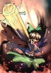  1girl arm_cannon arm_up black_hair black_wings bow cape hair_bow hashiro highres open_mouth red_eyes reiuji_utsuho skirt touhou weapon wings 