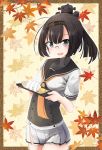  1girl :d akizuki_(kantai_collection) autumn_leaves bangs bespectacled black_eyes blunt_bangs blush brown_hair cowboy_shot food glasses hachimaki headband headgear high_ponytail highres kantai_collection miniskirt neckerchief nekobaka no_gloves onigiri open_mouth pleated_skirt ponytail sailor_collar school_uniform serafuku skirt smile solo white_skirt 