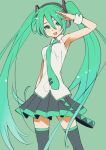  1girl :d arm_up bare_shoulders blush cowboy_shot green_background green_eyes green_hair hatsune_miku long_hair necktie open_mouth skirt smile solo tanaka_masayoshi thigh-highs twintails very_long_hair vocaloid wrist_cuffs 
