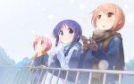  3girls blonde_hair blush chihaya_72 coat hinata_yukari ichii_yui long_hair looking_up mittens multiple_girls nonohara_yuzuko open_mouth pink_eyes pink_hair purple_hair scarf short_hair snow yellow_eyes yuyushiki 