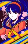  1girl amagi_yukiko black_eyes blue_hair flower hairband highres long_hair lyn_(shunao) persona persona_4 school_uniform serafuku smile solo sweater 