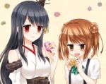  2girls bare_shoulders biscuit black_hair bowtie detached_sleeves double_bun fusou_(kantai_collection) hair_ornament japanese_clothes kantai_collection light_brown_eyes light_brown_hair long_hair michishio_(kantai_collection) momoiro multiple_girls nontraditional_miko red_eyes smile suspenders tongue tongue_out 