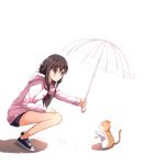  1girl bare_legs blush brown_eyes brown_hair cat hoodie liu_guniang no_socks original shadow shoes sneakers solo squatting umbrella water_drop white_background 