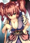  1girl breasts cleavage grin hair_bobbles hair_ornament hand_on_hip hashiro highres onozuka_komachi puffy_short_sleeves puffy_sleeves red_eyes redhead scythe short_sleeves smile touhou twintails 