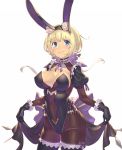  1girl :&gt; animal_ears black_gloves blonde_hair blue_eyes blush breasts cleavage dress dress_lift fake_animal_ears gloves highres juliet_sleeves large_breasts long_sleeves nadare-san_(nadare3nwm) phalanx_(sekaiju) puffy_sleeves rabbit_ears sekaiju_no_meikyuu sekaiju_no_meikyuu_3 short_hair simple_background smile solo white_background 