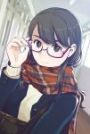  1girl adjusting_glasses black_hair glasses looking_at_viewer morifumi original scarf school_uniform solo 