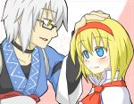  1boy 1girl ahoge alice_margatroid ascot blonde_hair blue_eyes blush bridal_gauntlets capelet choker glasses hand_on_another&#039;s_head hand_on_head headband heart heart_of_string looking_at_another morichika_rinnosuke sag_(karehabase) short_hair silver_hair touhou yellow_eyes 