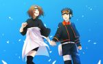  1boy 1girl black_hair brown_hair forehead_protector goggles highres holding_hands meiko_(puua) naruto nohara_rin petals short_hair smile uchiha_obito 