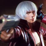  1boy blurry bust dante_(devil_may_cry) depth_of_field devil_may_cry devil_may_cry_3 face gun handgun ilya_kuvshinov jacket lips male open_clothes open_jacket red_jacket short_hair solo weapon white_hair 