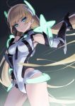  1girl angela_balzac bare_shoulders blonde_hair blue_eyes bodysuit breasts cowboy_shot elbow_gloves expelled_from_paradise gloves headgear leotard long_hair looking_at_viewer low_twintails solo tanaka_masayoshi twintails very_long_hair 