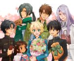  1girl 6+boys aqua_eyes black_hair blue_eyes blush bouquet brown_eyes brown_hair conrad_weller dark_skin father_and_daughter flower g&uuml;nter_von_christ gakuran greta_(kyou_kara_maou!) gwendal_von_voltaire highres kyou_kara_maou! lavender_hair long_hair military military_uniform multiple_boys murata_ken open_mouth ponytail school_uniform shibuya_yuuri short_hair smile stuffed_animal stuffed_toy teddy_bear uniform wolfram_von_bielefeld 