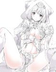  blush breasts character_request cleavage cleavage_cutout hood loincloth looking_at_viewer mismatched_legwear navel single_thighhigh sitting spread_legs sumisu_(mondo) thigh-highs white_background 
