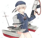  1girl :o blue_eyes clothes_writing hand_on_own_cheek hand_on_own_face hat holding holding_weapon kantai_collection long_sleeves looking_away machinery military military_uniform nakagomiyuki415 neckerchief sailor_collar sailor_hat short_hair silver_hair simple_background solo trigger_discipline turret uniform weapon white_background z1_leberecht_maass_(kantai_collection) 