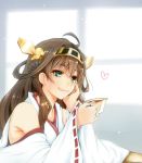  1girl ahoge artist_request bare_shoulders brown_hair chin_rest detached_sleeves green_eyes hair_ornament hairband heart highres japanese_clothes kantai_collection kongou_(kantai_collection) long_hair nontraditional_miko smile solo 