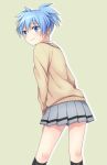  1boy ansatsu_kyoushitsu blue_eyes blue_hair blush highres looking_back shiota_nagisa short_hair simple_background skirt solo soranagi 