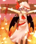  1girl ascot bat_wings blue_hair chain crucifixion hat miyo_(ranthath) outstretched_arms red_eyes remilia_scarlet short_hair skirt skirt_set solo torn_clothes touhou wings 