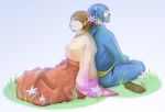  1boy 1girl aosu-chin back-to-back blue_hair blush brown_eyes company_connection cosplay face_mask flower hair_flower hair_ornament japanese_clothes kage-maru kaito kimono mask meiko ninja sega short_hair virtua_fighter vocaloid wide_sleeves 