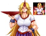  1girl abs blonde_hair breasts eyes_visible_through_hair hand_on_hip horn hoshiguma_yuugi impossible_clothes large_breasts long_hair muscle red_eyes sakazuki solo touhou white_background yagami_(mukage) 