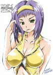  1girl adjusting_hair artist_name breasts bust cigarette cleavage collarbone copyright_name cowboy_bebop crop_top faye_valentine green_eyes hairband iwasaki_masakazu large_breasts lipstick looking_at_viewer makeup mouth_hold purple_hair short_hair sketch solo white_background 