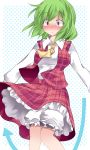  1girl ascot bloomers blush commentary_request directional_arrow dress_shirt green_hair hammer_(sunset_beach) kazami_yuuka narrowed_eyes plaid plaid_skirt plaid_vest polka_dot polka_dot_background red_eyes shirt short_hair skirt skirt_flip solo touhou underwear 