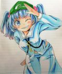  1girl bent_over blue_eyes blue_hair grin hair_bobbles hair_ornament hat kawashiro_nitori key long_sleeves marker_(medium) navel oimo_(imoyoukan) one_eye_closed salute shirt skirt skirt_set smile solo touhou traditional_media twintails 